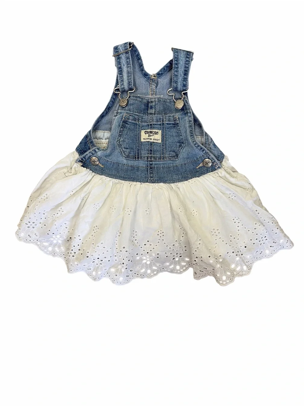 OshKosh B’gosh Baby Girl 12M Denim Eyelet Lace Overall Skirtall Dress